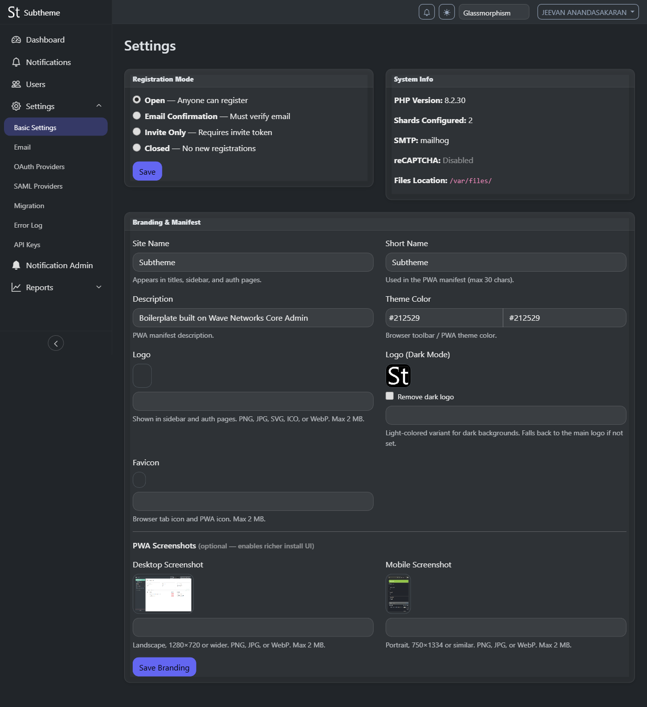 Settings panel with branding, OAuth, registration config, and SAML providers